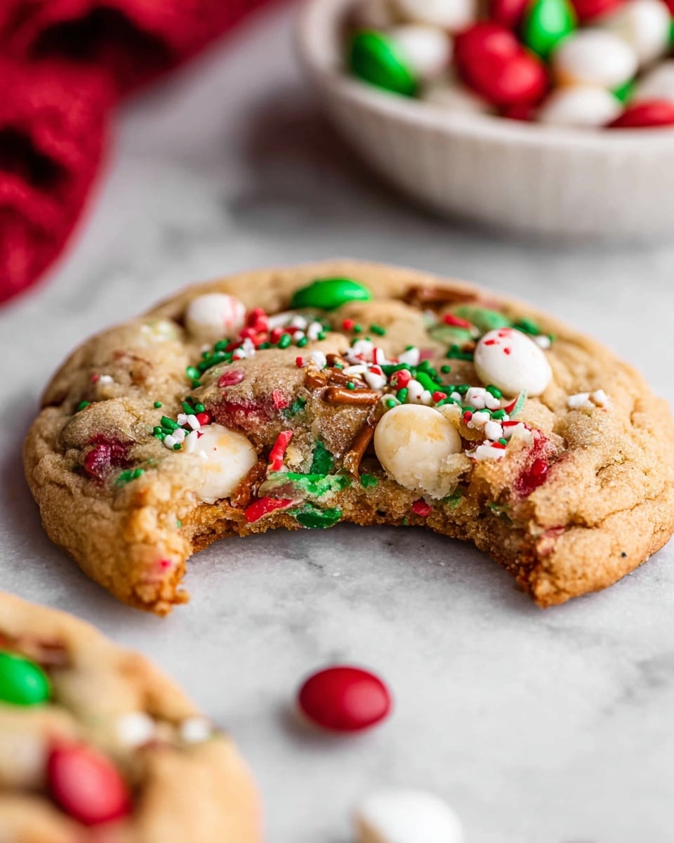 A close-up of a soft cookie with a bite taken out of it, showing a light golden brown base with a soft, chewy texture. The cookie is filled with colorful red and green candy pieces, white chocolate chips, small pretzel bits, and red and green sprinkles scattered inside and on top. The cookie rests on a white marbled surface, with another similar cookie and a white bowl filled with more red and green candies blurred in the background. A red cloth is partially visible in the lower-left corner. Photo taken with an iphone --ar 4:5 --v 7