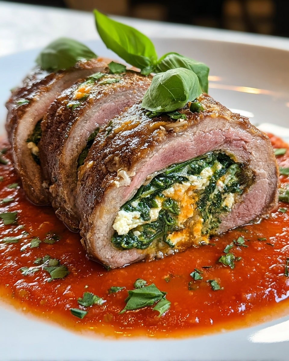 The dish shows a sliced meat roll with three thick pieces on a white plate. The outer layer is browned, textured meat with a golden crust and some green herbs on top. Inside, there are visible layers of vibrant green spinach mixed with creamy white cheese and streaks of orange sauce. The meat is medium-cooked, with a pinkish inner color around the filling. The plate is covered with a bright red tomato sauce, spreading the whole base and garnished lightly with chopped herbs and fresh green basil leaves. The photo has a close-up view with a white marbled texture surface in the background. photo taken with an iphone --ar 4:5 --v 7