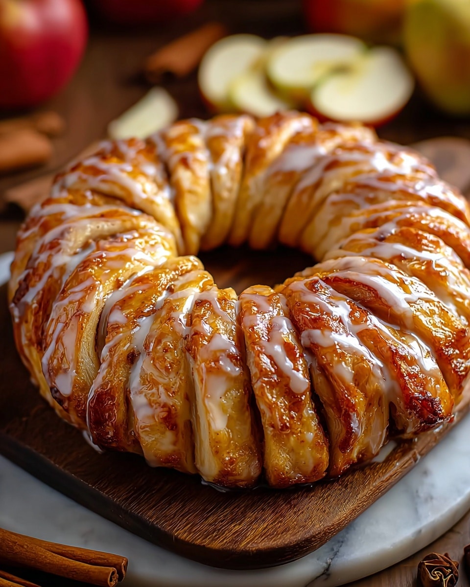 A round twisted pastry wreath is shown with a shiny glaze on top that looks sticky and sweet. The pastry has about two layers, each twisted, with a golden brown color and darker spots from cinnamon or sugar. White icing is drizzled unevenly over the top, creating a glossy contrast against the warm brown tones. It sits on a dark wooden board, placed on a white marbled surface. In the background, there are whole and sliced apples and cinnamon sticks slightly out of focus. photo taken with an iphone --ar 4:5 --v 7