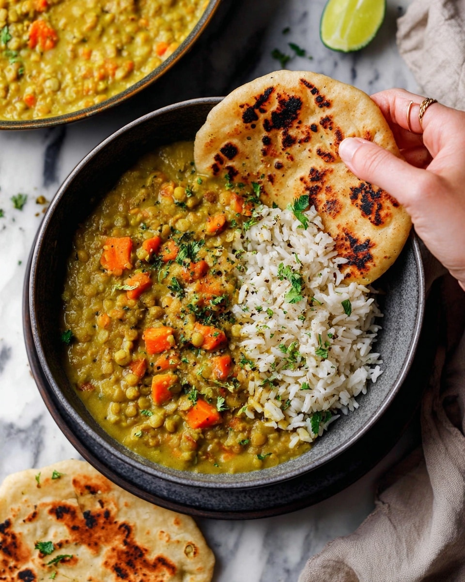 A dark bowl on a dark plate filled with two layers: on the left side, a thick yellow-green lentil curry with chunks of orange carrot and small green herbs scattered on top, and on the right side, a neat portion of white rice topped with a few green herbs. A woman's hand is holding a round, light brown flatbread with charred spots left side of the bowl, partially dipping into the curry. In the background, there is a blurred large pan with more lentil curry and a piece of flatbread on the white marbled surface. A lime wedge and some scattered herbs are on the surface near the bowl. Photo taken with an iphone --ar 4:5 --v 7