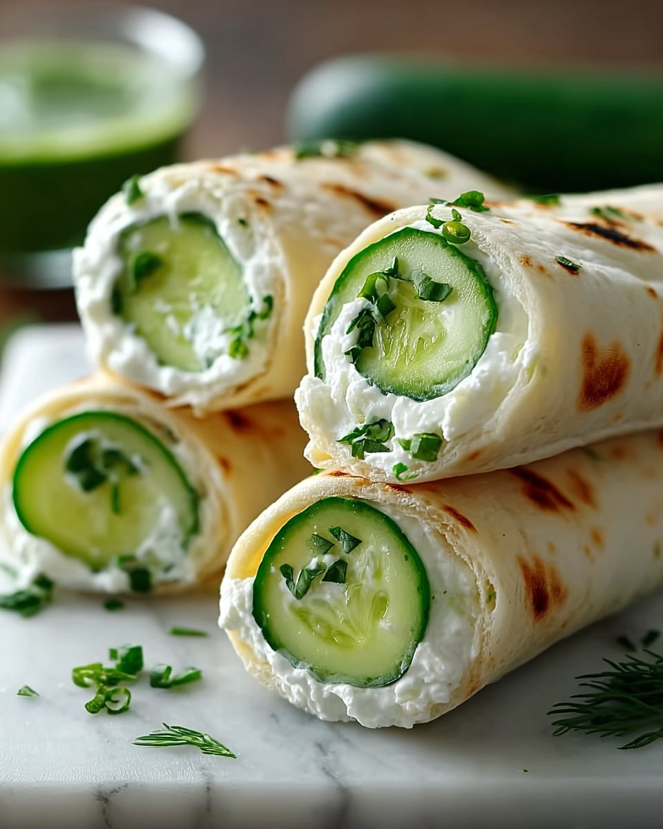 The image shows three small wraps placed closely on a white marbled surface. Each wrap has three visible layers: a soft, round flatbread with light golden brown spots on the outside, a thick white creamy cheese layer next inside, and fresh green cucumber slices forming the core. Chopped green herbs are sprinkled on top of the flatbreads, adding a fresh touch. The wraps have a smooth and soft texture. A blurred green sauce container is in the background. Photo taken with an iphone --ar 4:5 --v 7