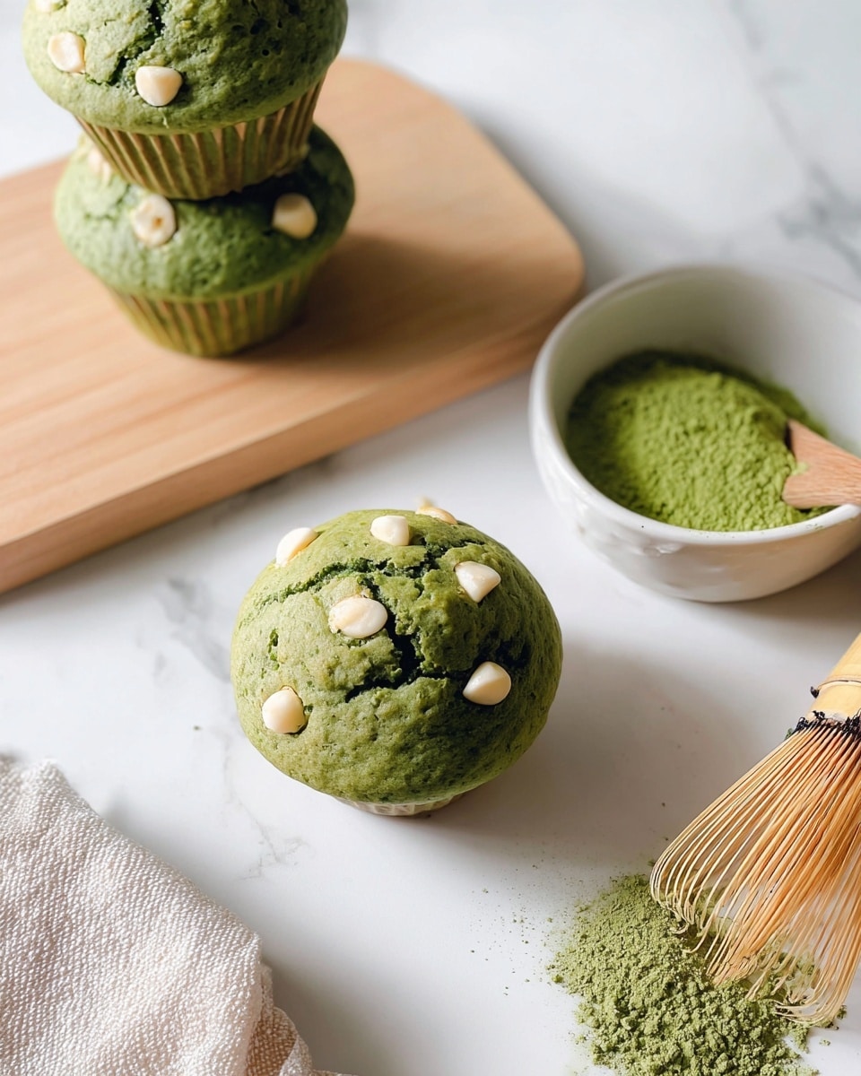 The image shows three green muffins with white chocolate chunks, one muffin positioned alone in the foreground on a white marbled surface, and the other two stacked slightly overlapping on a light wooden board in the top left corner. The green muffins have a rough, slightly cracked texture on top, with visible white chocolate pieces scattered across their domed surface. To the right of the single muffin, there is a white bowl filled with loose, bright green matcha powder, and a small bamboo scoop beside it. Below the muffin and bowl lies a light bamboo matcha whisk and a light beige textured cloth partially visible on the left side. The entire scene rests on a clean white marbled surface. photo taken with an iphone --ar 4:5 --v 7