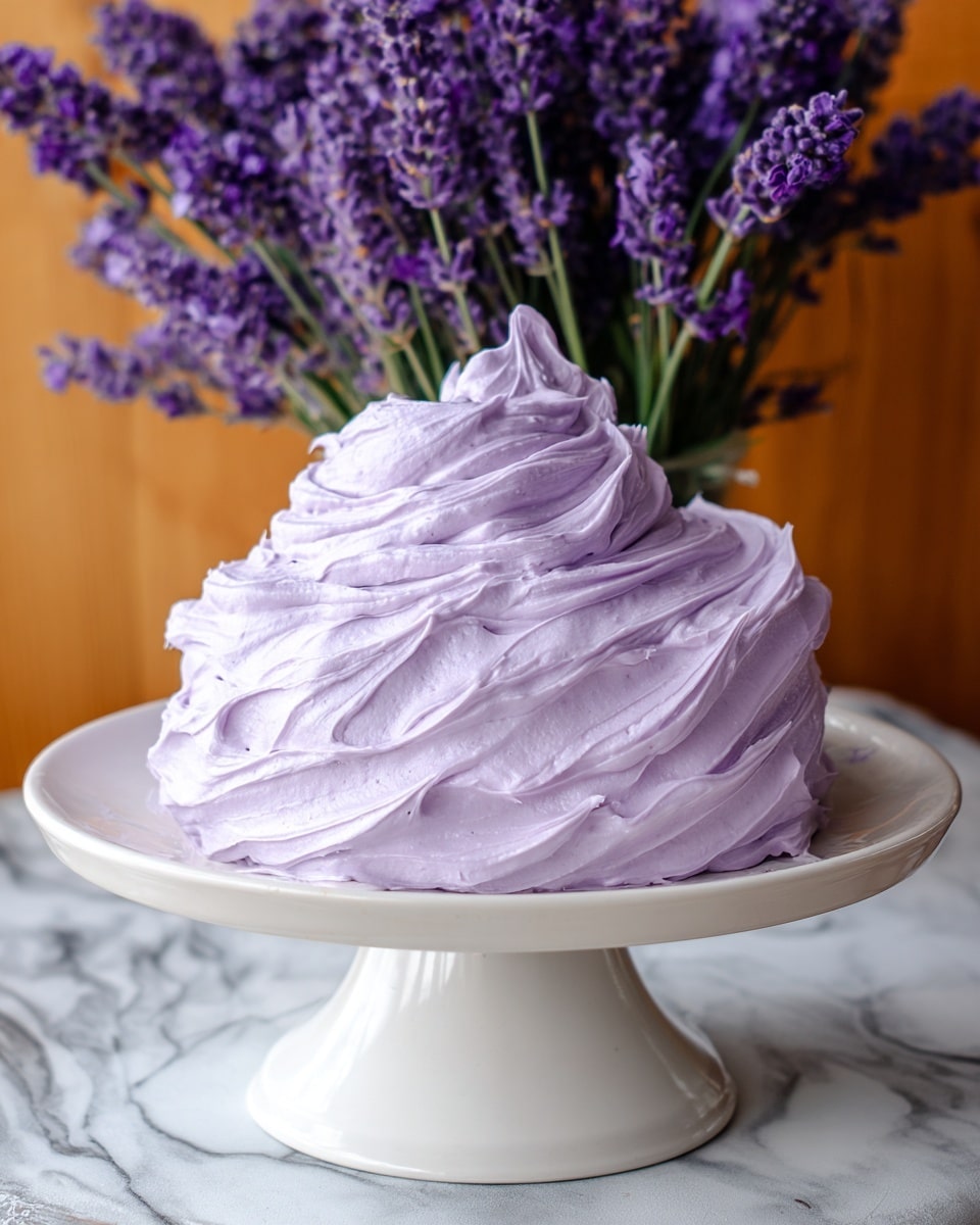 A white cake stand holds a large mound of thick, creamy lavender-colored frosting swirled with smooth, soft peaks and ridges, creating a textured, cloud-like shape. The background shows a bunch of fresh lavender flowers with vibrant purple blossoms and green stems, adding natural color contrast. The scene is set on a wooden surface with a white marbled texture in view, enhancing the soft purple and white elements of the dessert. photo taken with an iphone --ar 4:5 --v 7