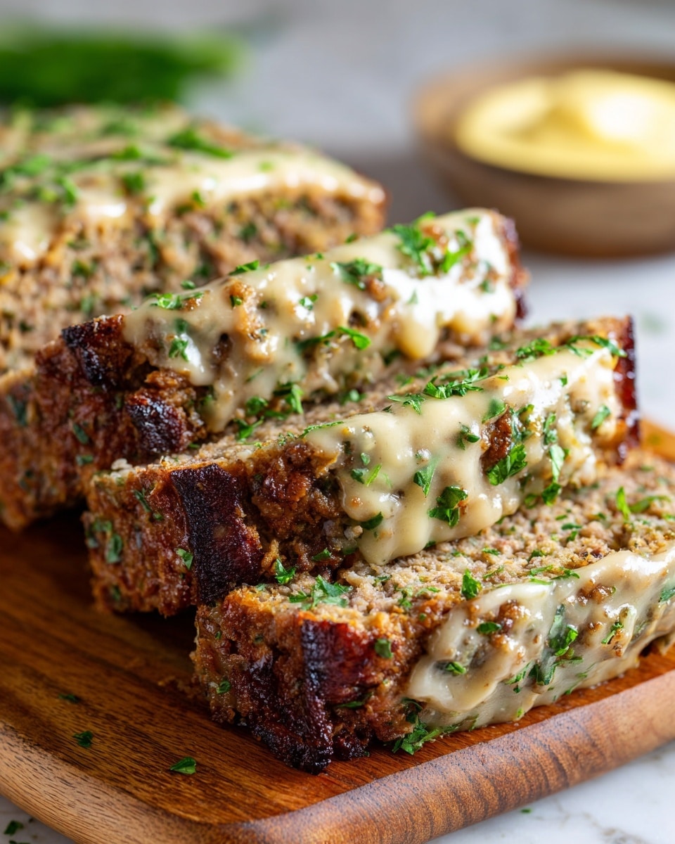 Three thick slices of meatloaf are shown on a wooden board, each slice having a browned and slightly crispy outer layer with a light tan and speckled green herb-filled interior. The top of the meatloaf is covered with a melted creamy beige sauce sprinkled with chopped green herbs. The edges have a caramelized dark brown crust while the inside looks moist and tender. In the background, there is a hint of a yellow creamy substance, likely butter, on a blurred white marbled texture. photo taken with an iphone --ar 4:5 --v 7