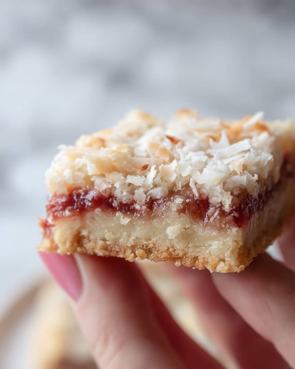 A close-up shot of a square bar held by a woman's hand, showing three clear layers: a golden brown crumbly base at the bottom, a thick reddish jam layer in the middle, and a pale creamy topping sprinkled with toasted coconut flakes on top; the texture looks soft and slightly crumbly with toasted bits adding contrast. The background is blurred with a white marbled surface partially visible. photo taken with an iphone --ar 4:5 --v 7