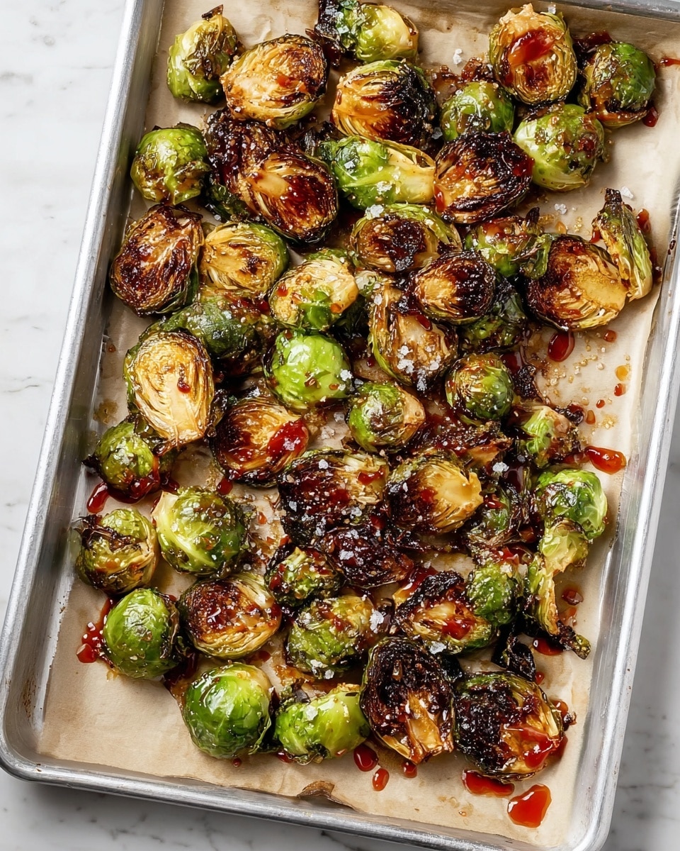 A baking tray lined with parchment paper holds a single layer of roasted Brussels sprouts cut in halves. Each piece shows a mix of golden-brown caramelized edges with some charred dark spots and bright green inner leaves. The Brussels sprouts are glistening with a glossy red-brown sauce drizzled unevenly on them, and coarse salt flakes are sprinkled over the top. The tray is placed on a white marbled surface. photo taken with an iphone --ar 4:5 --v 7