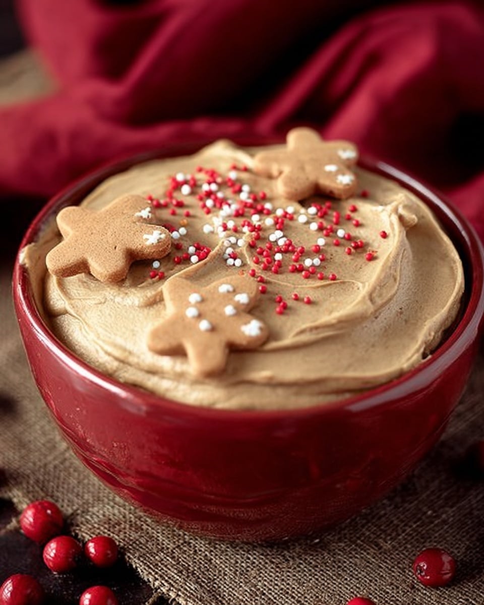 A red bowl filled with three smooth, thick, light brown layers of whipped mousse, each layer visible with gentle swirls and peaks. On top, there are small, flat gingerbread man-shaped sprinkles in brown and white, along with bright red round sprinkles scattered evenly across the surface. The bowl sits on a textured, brown surface with a deep red cloth visible in the background. The overall look is creamy and inviting, with a soft focus on the mousse texture. Photo taken with an iphone --ar 4:5 --v 7