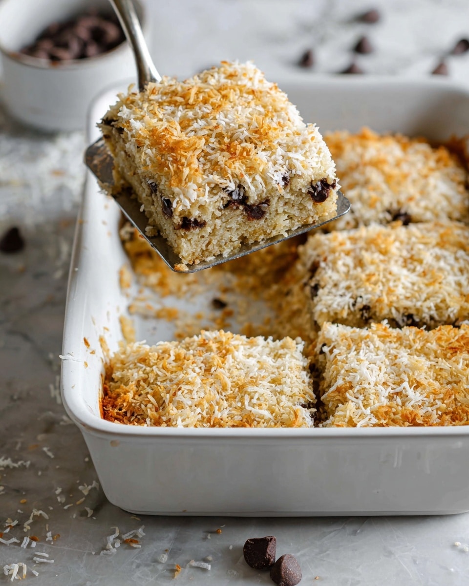 A white baking dish holds a square piece of baked dessert with a top layer fully covered in golden toasted shredded coconut, giving a rough texture. The dessert is thick, with one visible layer below the coconut that looks dense and pale, dotted with dark chocolate chips. The piece is being lifted by a metal spatula above the dish, showing more pieces neatly cut in the dish's background. Around the dish on the white marbled surface, there are scattered shredded coconut and chocolate chips. Photo taken with an iphone --ar 4:5 --v 7