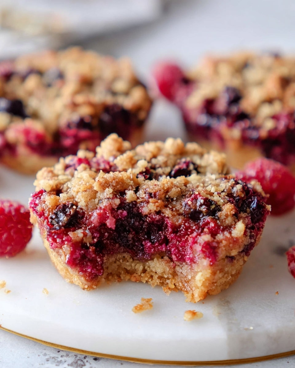 The image shows three square fruit bars on a white plate sitting on a white marbled surface. Each bar has three visible layers: a golden brown crumbly oat base at the bottom, a thick middle layer of bright red and dark purple mixed berry filling, and a top layer of golden crumb topping scattered unevenly with some berry pieces peeking through. The front bar is in focus, showing the moist texture of the berry filling and the crumbly golden topping clearly, while the other two bars fade softly into the background. A single bright red berry sits on the marbled surface near the plate. Photo taken with an iphone --ar 4:5 --v 7