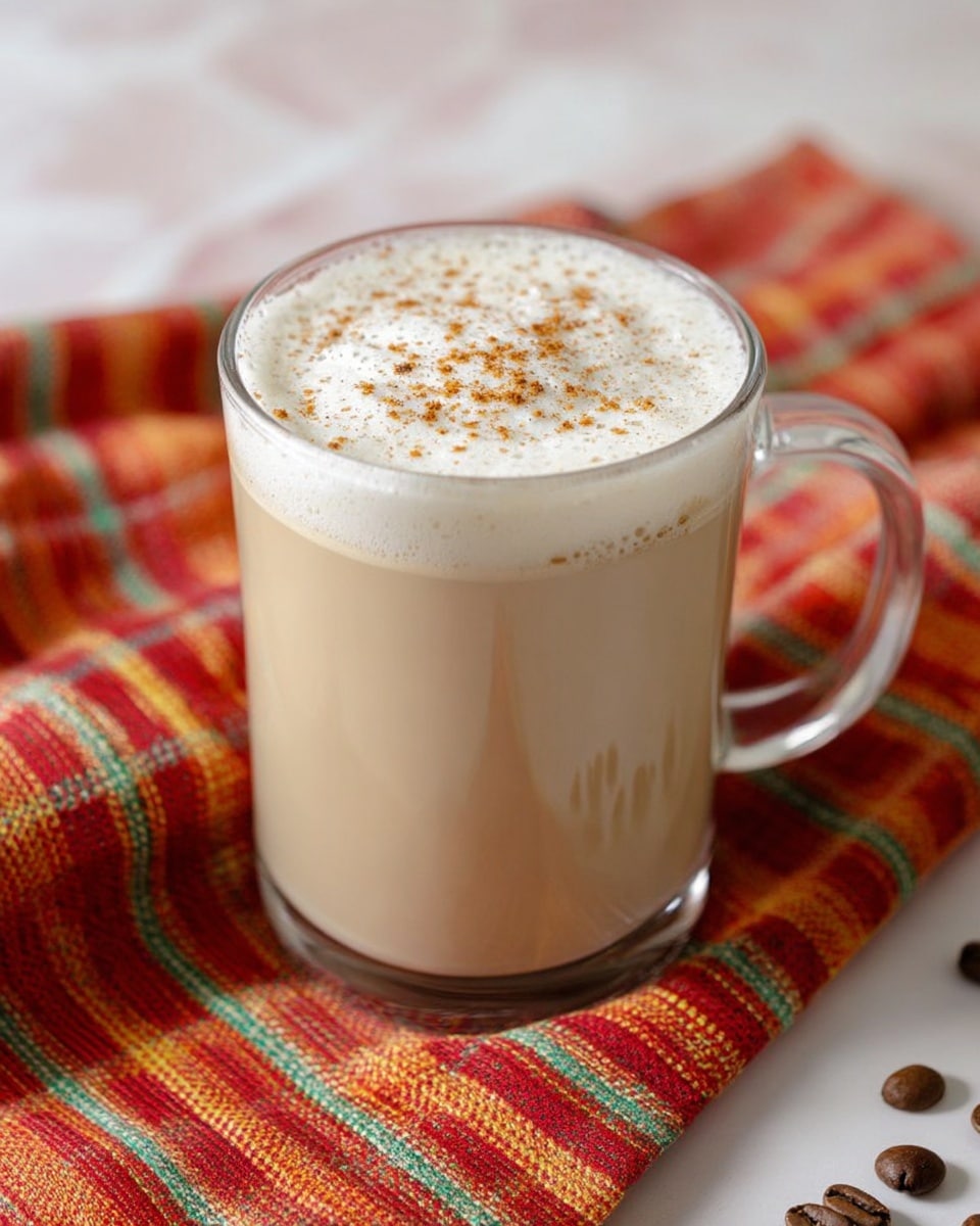 A clear glass mug filled with a creamy beige latte topped with a thin layer of white foam sprinkled with light brown cinnamon or nutmeg powder, sitting on a colorful plaid cloth with red, orange, yellow, and green stripes, placed on a white marbled surface with a few coffee beans scattered nearby, photo taken with an iphone --ar 4:5 --v 7