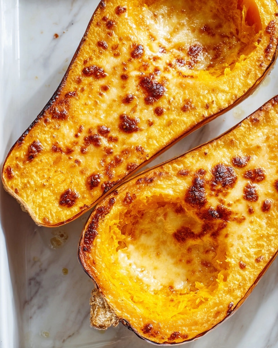 The image shows a close-up of two halves of a roasted butternut squash with a golden, bubbly, browned top layer that looks creamy and slightly crispy on the edges. The skin around the squash is browned and slightly shriveled from roasting, with the soft, mashed layer inside a bright yellow-orange color, contrasting with the darker roasted edges. The squash is placed on a white marbled textured surface inside a white tray, showing light reflections and some tiny oil droplets. The texture on top looks rich and smooth with some spots of caramelization. photo taken with an iphone --ar 4:5 --v 7