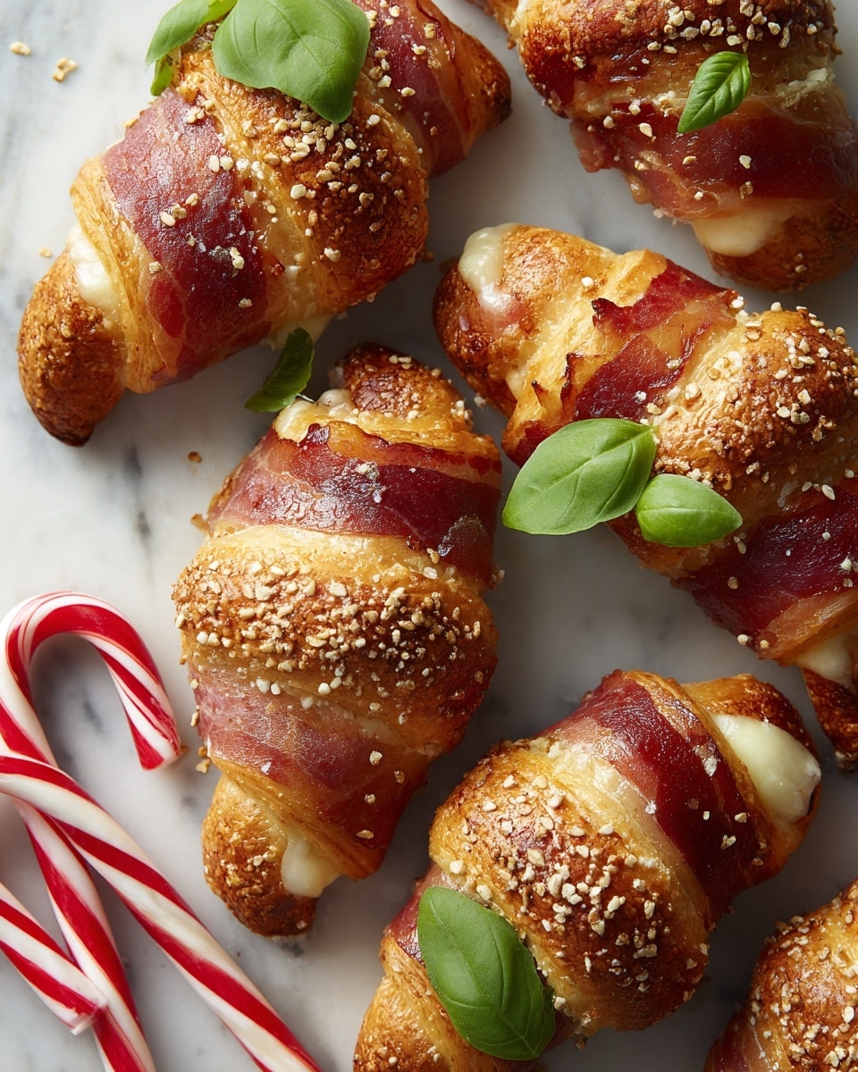The image shows five crescent-shaped pastries arranged on white parchment paper on a white oval plate. Each pastry has a golden-brown, flaky crust with visible layers and is wrapped with red slices of pepperoni all around. The tops of the crescents are sprinkled with shredded white cheese and small white sesame seeds. Fresh green basil leaves are placed on and around some of the pastries, adding a pop of color. The plate sits on a white marbled surface that contrasts softly with the food. photo taken with an iphone --ar 4:5 --v 7