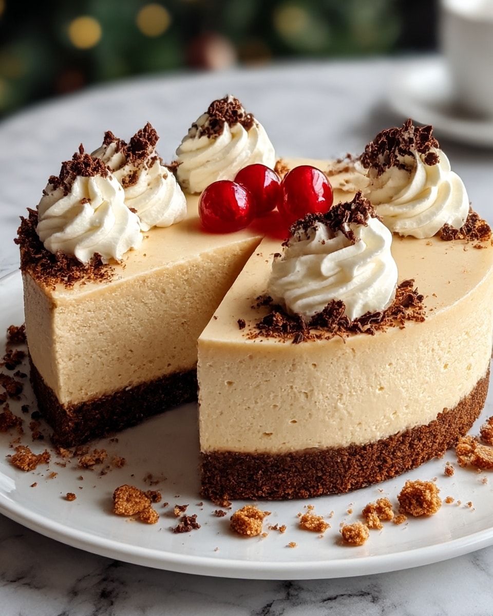 A round cheesecake with three visible layers sits on a white plate over a white marbled surface. The bottom layer is a dense, dark brown crust. Above it is a thick, creamy, beige cheesecake layer with a smooth texture. The top layer is decorated with dollops of white whipped cream sprinkled with brown crumbs. In the center of the cheesecake, there are red, shiny decorations shaped like leaves or petals. Some crumbs are scattered around the plate. The background is softly blurred with warm, festive lights. Photo taken with an iphone --ar 4:5 --v 7