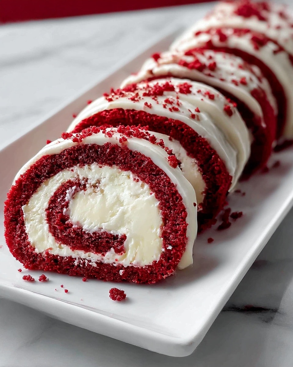 A white plate holds several slices of a red velvet cake roll with cream filling, each slice showing a rich red outer cake layer with a moist, crumbly texture. Inside, the cream layer is thick and white, tightly rolled to form a spiral with the cake. The top of each slice features a drizzle of smooth white icing and is sprinkled with red cake crumbs. The slices are arranged in a line on a white marbled surface. Photo taken with an iphone --ar 4:5 --v 7