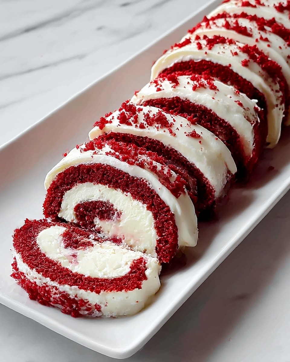 A white rectangular plate holds six slices of a rolled red velvet cake arranged in a line. Each slice shows three main layers: a deep red, soft and crumbly cake layer rolled around a thick, smooth white cream cheese filling with tiny red bits inside. The top of each slice is decorated with thick, curved stripes of white cream, sprinkled with red cake crumbs that contrast vividly with the white cream. The background is a white marbled texture. Photo taken with an iphone --ar 4:5 --v 7