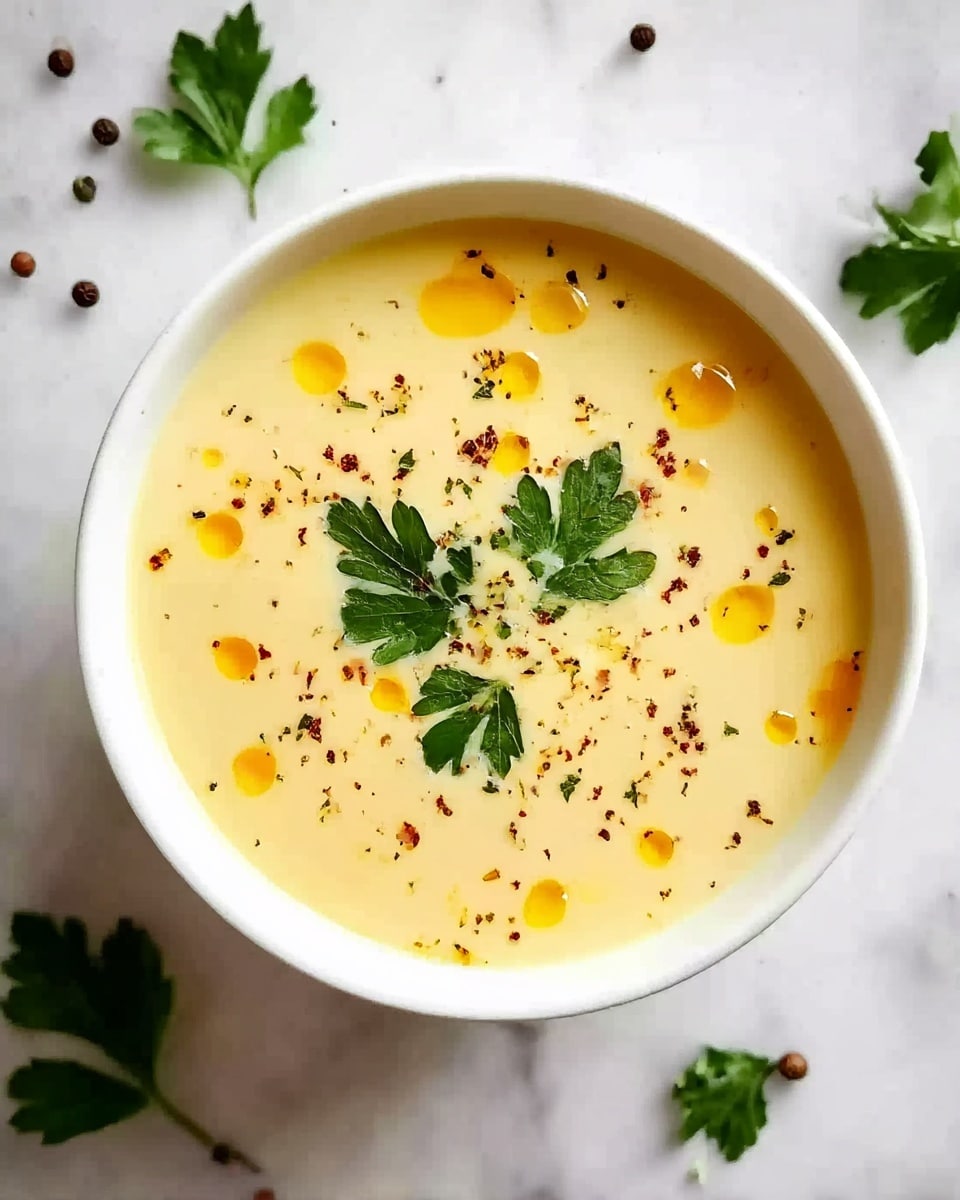 A white bowl filled with smooth, creamy light yellow soup is shown from above. The soup surface has small drops of orange oil scattered on top and is sprinkled with crushed black pepper. In the center, there are fresh green parsley leaves as a garnish. The bowl is placed on a white marbled surface with a few scattered peppercorns and parsley leaves around it. photo taken with an iphone --ar 4:5 --v 7