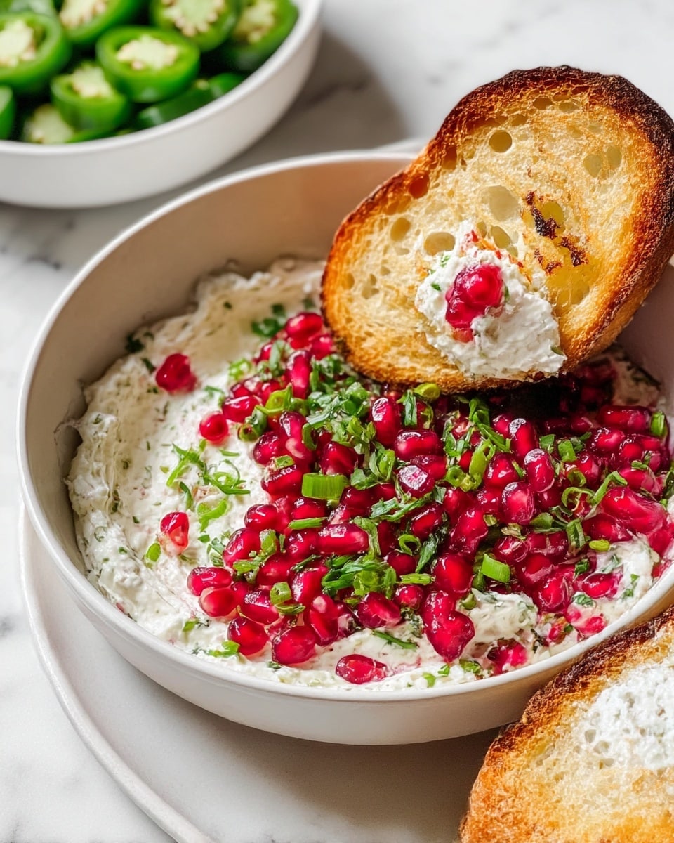 In a white bowl on a white marbled surface, there is a creamy white cheese spread forming the bottom layer with a thick, soft texture. On top of this, bright red shiny pomegranate seeds mixed with chopped green herbs and scallions add a fresh, colorful layer. Two toasted slices of bread with a golden brown crust and airy soft interior rest on the side of the bowl, one scoop of cheese and pomegranate mixture is spread on one slice. In the background, there is another white bowl with sliced green jalapeños. The scene has a bright and fresh look. photo taken with an iphone --ar 4:5 --v 7