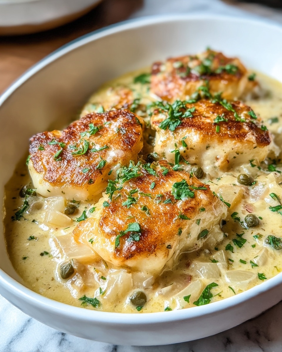 The dish shows four pieces of golden-brown seared fish with a lightly crispy texture, placed on the top layer. Underneath, there is a thick, creamy sauce with a light yellow color mixed with chunks of translucent onions and small green capers scattered throughout. Fresh chopped green herbs are sprinkled over the fish and sauce for a fresh look. It is served in a white shallow bowl, with a white marbled textured surface seen around the bowl's edge. photo taken with an iphone --ar 4:5 --v 7