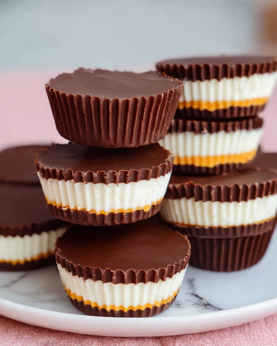 The image shows a close-up view of six stacked chocolate cups arranged on a white plate with a soft pink surface. Each chocolate cup is made up of three visible layers: a bottom layer of dark brown chocolate with a smooth, slightly glossy texture, a middle thick layer of bright white cream, and a thin orange layer between the white and dark brown layers in some cups. The edges of each cup have ridges, showing the shape of the wrapper cups. The chocolate on top is smooth and shiny. The cups are stacked in a pyramid shape with some cups leaning on each other. The background is softly blurred with a white marbled texture underneath the plate. photo taken with an iphone --ar 4:5 --v 7