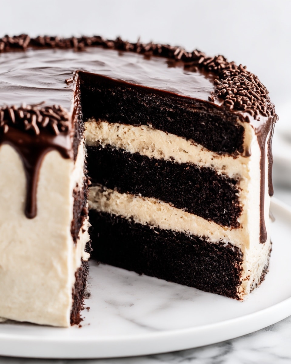 A close-up view of a two-layer chocolate cake with thick off-white cream filling and frosting covering the sides. The top layer is coated with a shiny, dark chocolate glaze that slightly drips down the sides, decorated with small chocolate sprinkles at the edges. The dark, moist texture of the cake contrasts with the smooth, light cream layers in between and around the cake. The cake sits on a white plate on a white marbled surface, with one large slice cut out, showing the sharp edges and clean layers. Photo taken with an iphone --ar 4:5 --v 7