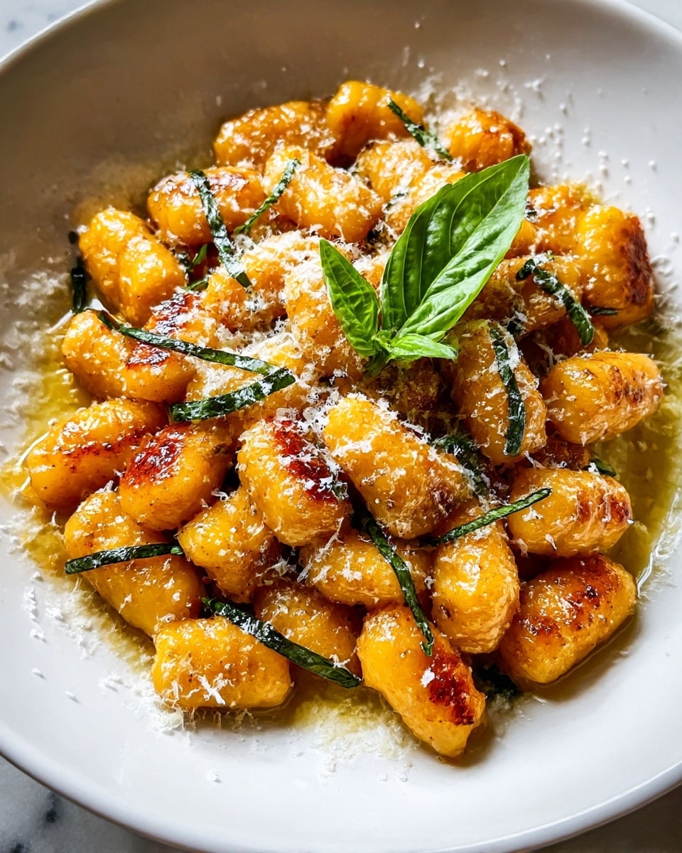 A white bowl filled with golden brown, lightly crispy gnocchi pieces showing a slight char on their surface, arranged in one layer tightly packed at the bottom. The gnocchi is coated with a glossy olive oil layer giving a shiny texture, sprinkled generously with small white grated cheese bits scattered all over. Thin strips of dark green fresh basil leaves are mixed lightly among the gnocchi and one larger basil leaf sits on top as garnish in the center. The setting is on a white marbled texture, with the lighting highlighting the glistening sauce and the warm tones of the gnocchi. Photo taken with an iphone --ar 4:5 --v 7