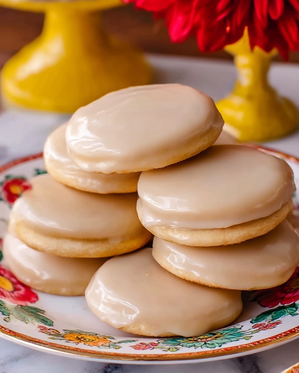 A stack of round cookies covered with a smooth, light beige glaze is placed on a white plate with colorful floral patterns around the edge. The cookies are arranged in layers with some leaning on each other, showing their shiny glazed surface that looks slightly glossy and soft in texture. The background shows hints of a red flower and a yellow decorative stand, all placed on a white marbled texture. photo taken with an iphone --ar 4:5 --v 7