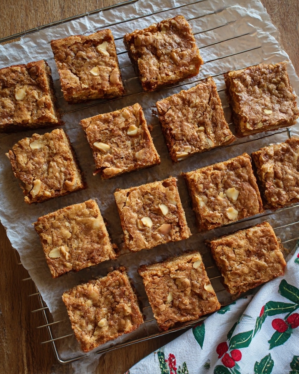 The image shows fifteen square pieces of nutty blondies with a slightly cracked, golden-brown top layer that looks chewy and textured. The blondies have a rough surface with visible chunks of light-colored nuts embedded throughout each piece. They are laid out on a sheet of parchment paper over a metal cooling rack, which sits on a wooden surface. A white cloth with a green leaf and red berry pattern is partially visible at the bottom right corner. The lighting brings out the warm tones of the blondies and the natural wood grain beneath. photo taken with an iphone --ar 4:5 --v 7