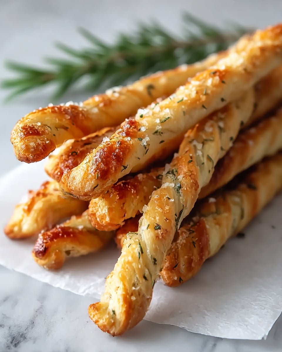 A stack of golden-brown twisted breadsticks sits on a white marbled surface with a piece of white parchment paper underneath. Each breadstick has a flaky texture with visible layers twisted tightly, and they are sprinkled with coarse salt and green dried herbs. The breadsticks have a shiny, toasted top with darker brown spots, showing a crispy finish. A sprig of fresh rosemary is placed slightly blurred in the background, adding a green contrast to the warm colors of the breadsticks. photo taken with an iphone --ar 4:5 --v 7