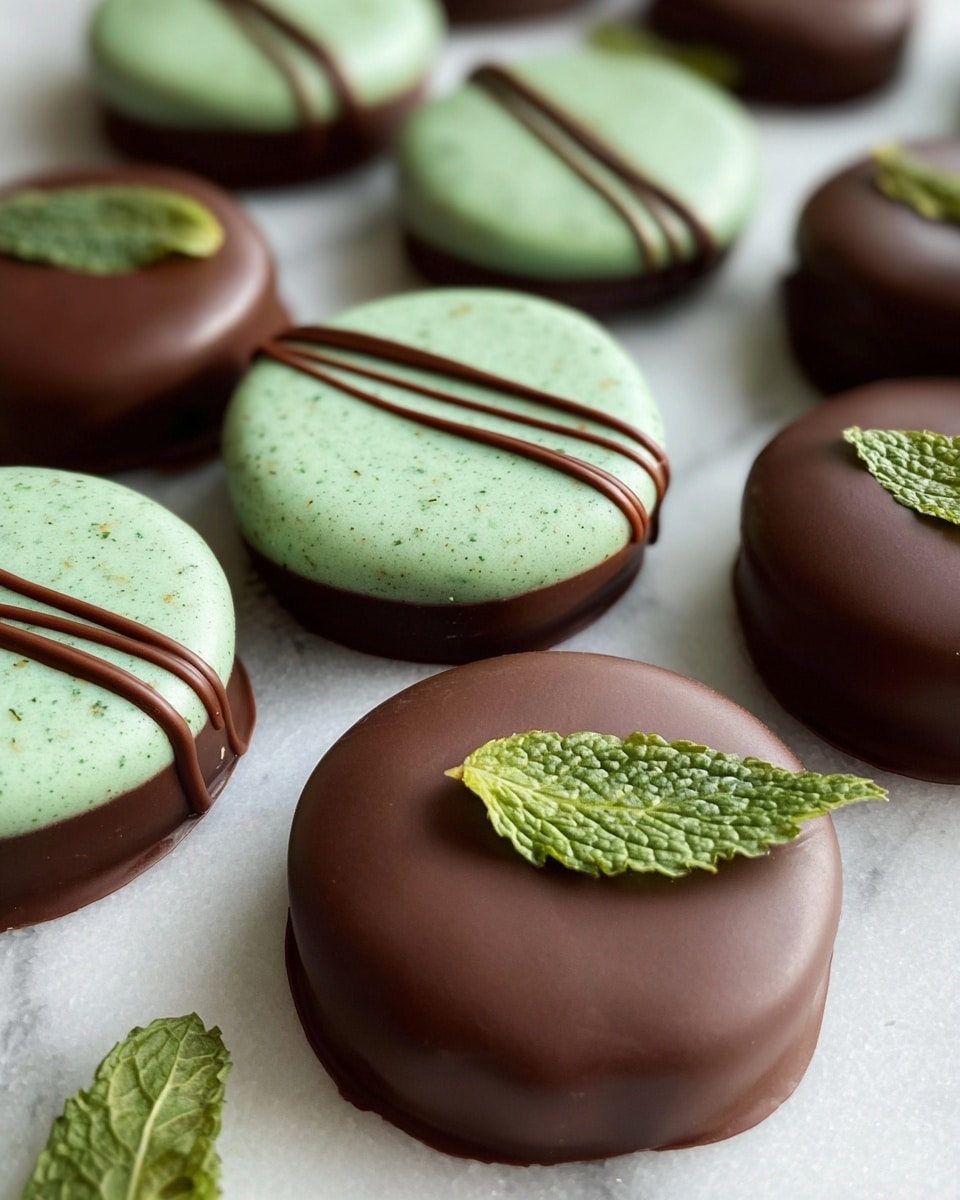 The image shows round chocolate-covered treats on a white marbled surface, with a mix of two styles. Some treats have a smooth dark brown chocolate base, topped with a light green layer that looks creamy with tiny specks, and decorated with two thin dark chocolate stripes and a small fresh green mint leaf on top. Other treats are completely coated in smooth dark brown chocolate with a delicate shine and are also adorned with a single fresh mint leaf. The treats are arranged scattered closely together with soft natural light highlighting their glossy texture. photo taken with an iphone --ar 4:5 --v 7