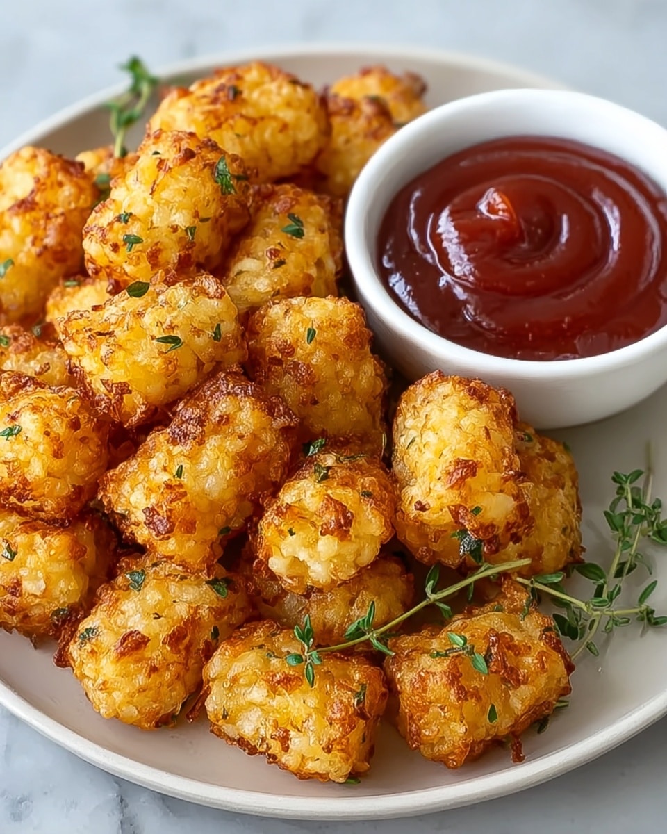 A white plate holds a pile of golden-brown tater tots that are crispy and textured with small bits of green herbs sprinkled on top, showing a rough and crunchy surface. Next to the tater tots, on the right side of the plate, is a white small bowl filled with smooth, deep red ketchup, creating a shiny contrast. There are two small sprigs of fresh green thyme placed near the bowl, resting on the edge of the plate. The whole setup is on a white marbled surface. photo taken with an iphone --ar 4:5 --v 7