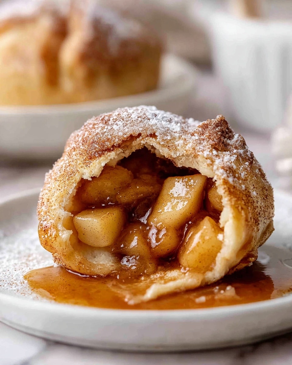 A close-up of a baked apple dumpling cut open on a white plate with a white marbled texture beneath. The dumpling has a golden brown, slightly crispy crust dusted with powdered sugar and cinnamon on top. Inside, thick cinnamon-spiced apple chunks sit in a glossy, sticky sauce that oozes out onto the plate. The texture of the crust looks flaky and soft, contrasting with the tender cooked apples and smooth sauce inside. In the blurred background, there is another dumpling and a white dish. photo taken with an iphone --ar 4:5 --v 7
