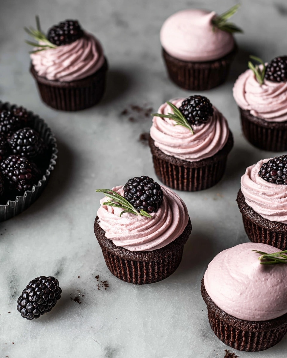 Several dark chocolate cupcakes are shown on a white marbled surface, some topped with light pink swirled frosting that has a smooth and creamy texture. Three cupcakes have a single shiny black blackberry and small green rosemary sprigs placed on top of the frosting. Four cupcakes have no frosting, showing a soft, textured dark brown cake layer. There is a black tart tin filled with blackberries and rosemary sprigs on the left side, and a piping bag filled with the same pink frosting is placed on the right, slightly angled. The lighting creates soft shadows, highlighting the contrast between the dark cupcakes and the light pink frosting. Photo taken with an iphone --ar 4:5 --v 7