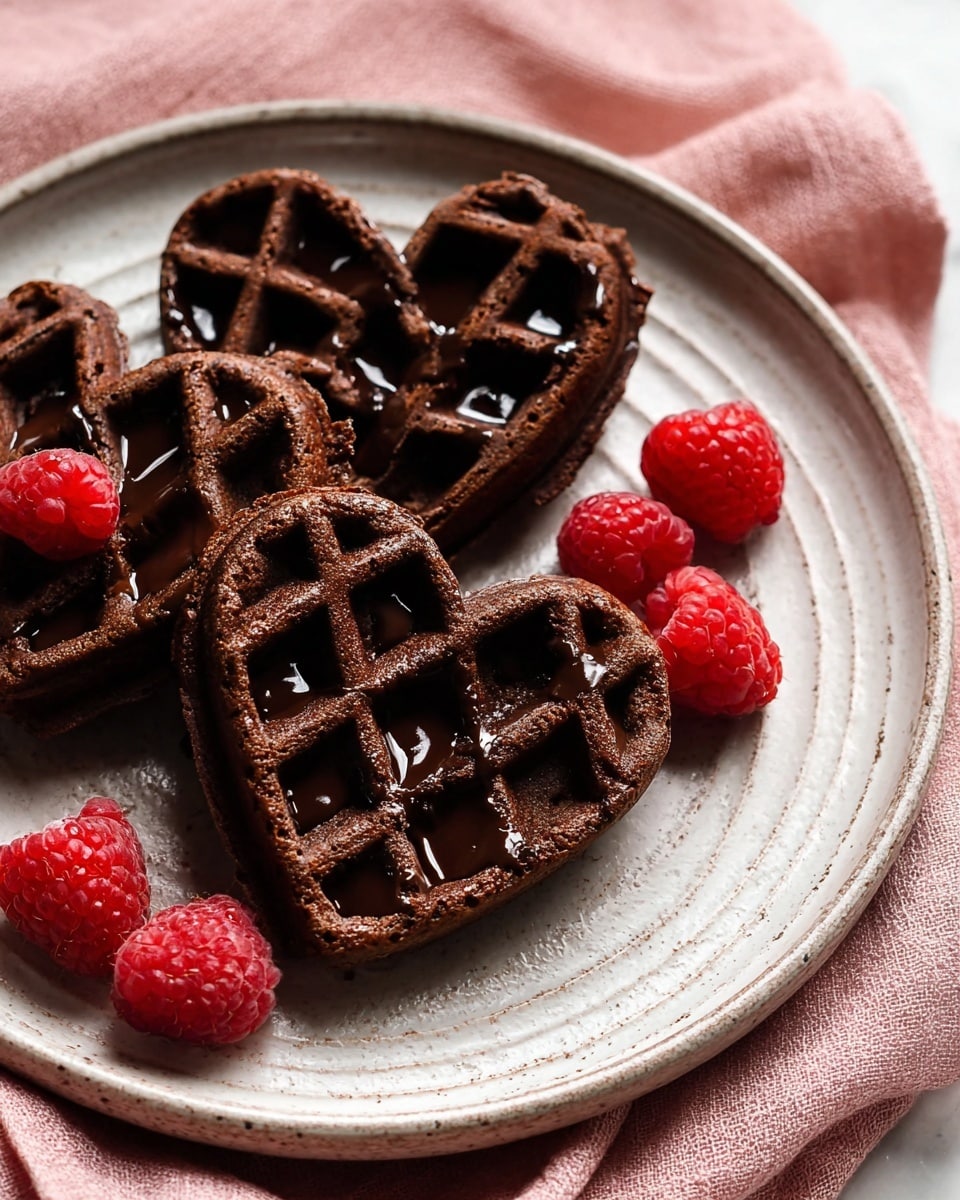 Three dark brown heart-shaped chocolate waffles sit on a round white plate with a textured rim, each waffle showing a grid pattern with glossy melted chocolate filling the square pockets. One waffle is topped with a single bright red raspberry, and three more raspberries lay next to the waffles on the plate. The plate is placed on a soft pink cloth, all set against a white marbled surface. photo taken with an iphone --ar 4:5 --v 7
