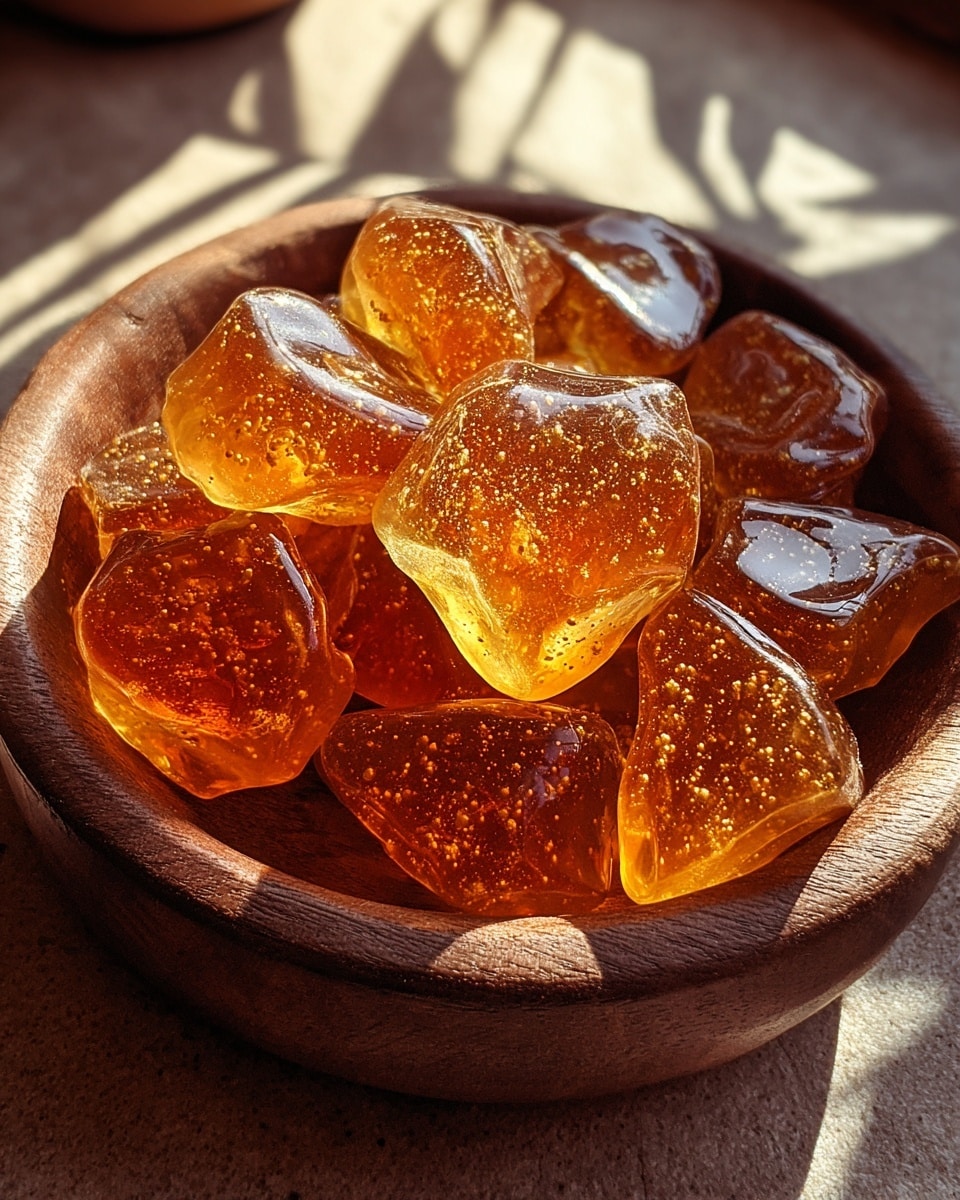 A close-up image shows a wooden bowl filled with shiny, translucent amber-colored candy pieces that are shaped like rounded irregular polygons. The candies have a smooth glossy surface with tiny bubbles inside, reflecting warm sunlight that highlights their rich golden-brown hues. The bowl is placed on a textured surface with soft shadows falling around it, enhancing the warm tones and the candy's sparkling details. Photo taken with an iphone --ar 4:5 --v 7