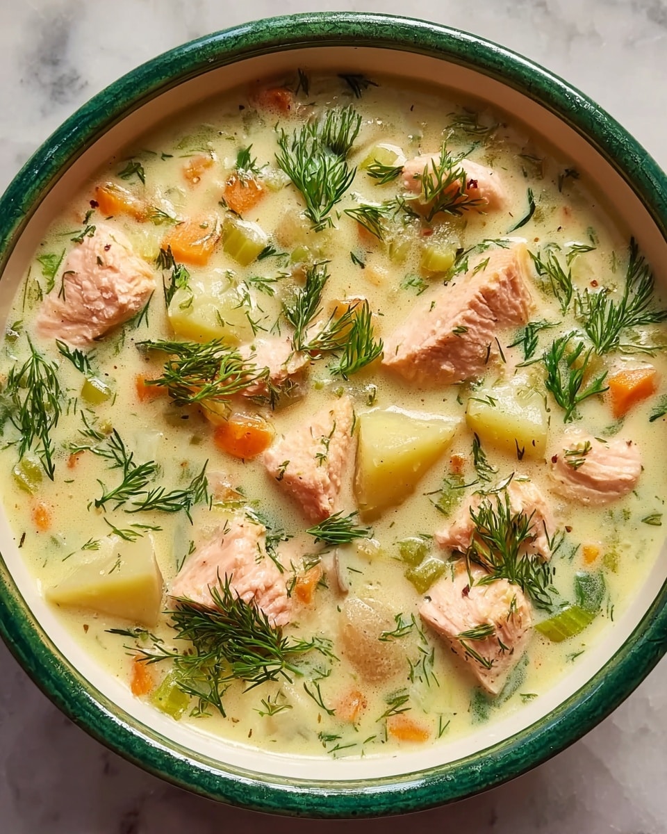 A creamy soup filled with light pink chunks of cooked salmon, pale yellow potato pieces, small orange carrot slices, and bits of green celery, all mixed in a thick white broth speckled with fresh green dill. The soup sits in a green bowl placed on a white marbled surface. The mix of soft vegetables and fish is visible throughout the soup, with a small bunch of dill on top in the center. photo taken with an iphone --ar 4:5 --v 7