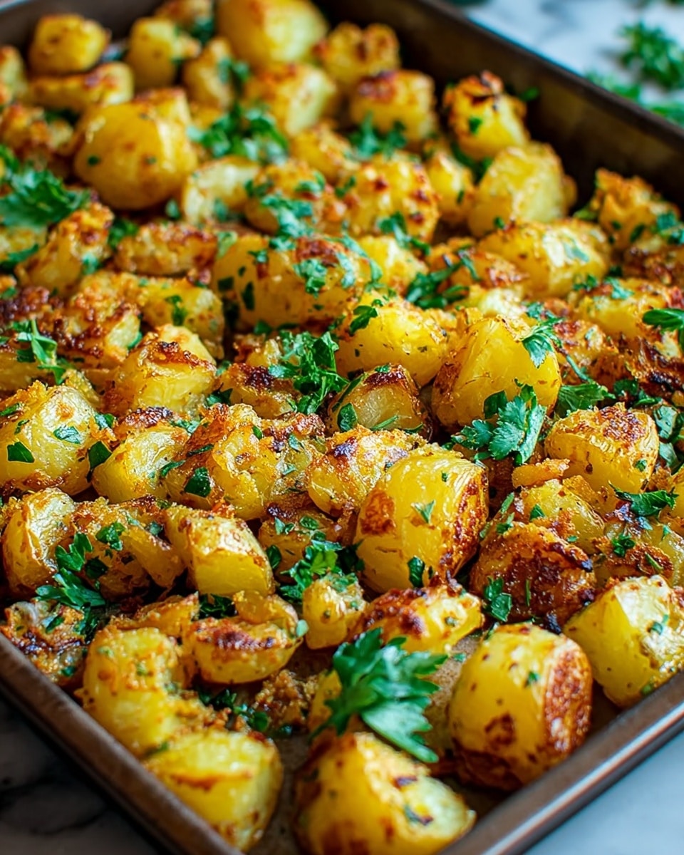 The image shows a close-up view of many small pieces of golden roasted potatoes in one layer on a baking tray. The potatoes have a crispy texture with browned edges and light yellow soft insides. Bright green pieces of fresh parsley are scattered over the top, adding a fresh look. The tray is shown on a white marbled surface, creating a clean and bright background. photo taken with an iphone --ar 4:5 --v 7