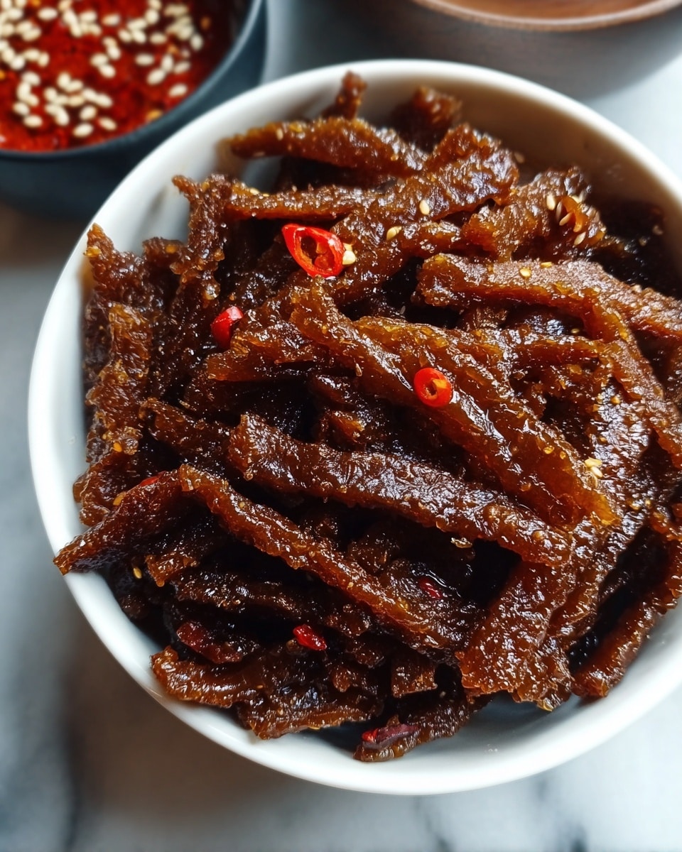 A close-up view of thin strips of dark brown meat coated in a glossy, sticky sauce, piled high in a white bowl. The meat looks tender and richly glazed with a shiny texture, and scattered among the pieces are small slices of bright red chili peppers with visible seeds. The bowl is placed on a white marbled texture surface. photo taken with an iphone --ar 4:5 --v 7