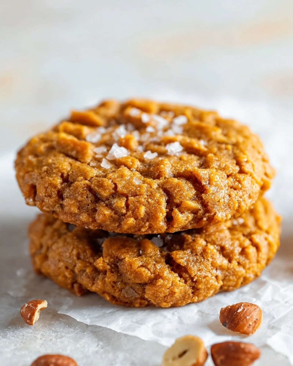 Two thick, golden brown cookies stacked on a piece of white parchment paper with a few brown nuts scattered around. The cookies have a rough, bumpy texture with visible chunks and cracks, giving a crunchy impression. The top cookie shows some sprinkling of coarse salt. The background is a white marbled texture, softly blurred to keep the focus on the cookies. photo taken with an iphone --ar 4:5 --v 7