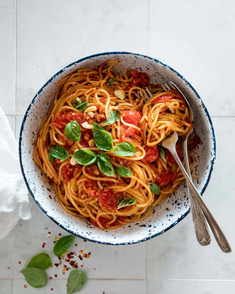 A top view of a deep, round white bowl with blue speckles holding cooked spaghetti mixed with red tomato sauce, visible tomato chunks, and thin slices of garlic; the pasta is coated in a glossy, slightly oily texture. On top, there are fresh green basil leaves scattered across the center. Two vintage silver forks rest on the side inside the bowl. The bowl is placed on a white marbled tiled surface with some red pepper flakes and a few basil leaves scattered around. photo taken with an iphone --ar 4:5 --v 7
