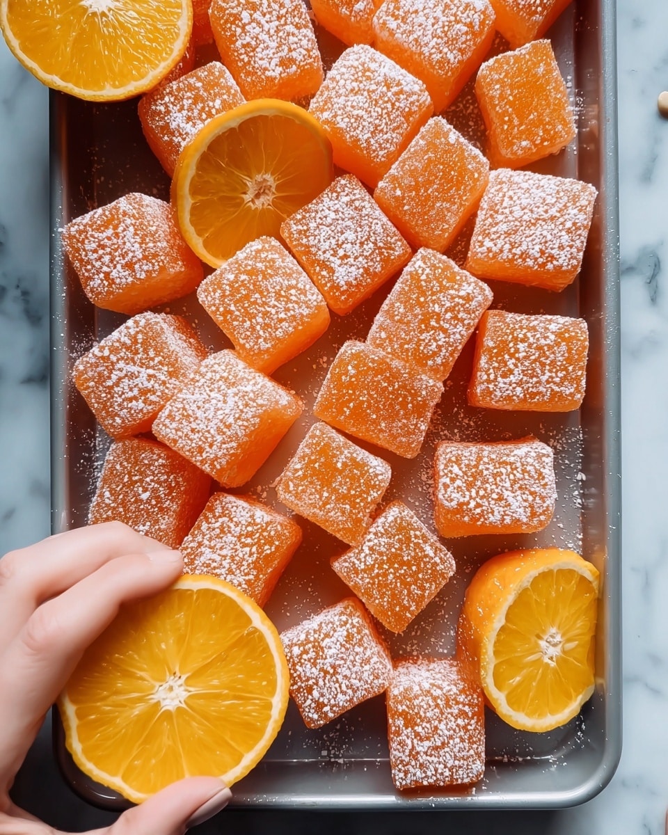 The image shows a tray filled with bright orange square-shaped jelly candies, each covered lightly with white powdered sugar, giving a soft, textured look on top. Alongside the jelly candies, there are several halves of fresh orange fruit scattered on the tray, their juicy, vibrant orange interiors clearly visible. A woman's hand is gently holding one of the halved oranges at the bottom left corner, adding a sense of scale and interaction. The tray is placed on a smooth white marbled surface that subtly shines with light reflections. photo taken with an iphone --ar 4:5 --v 7