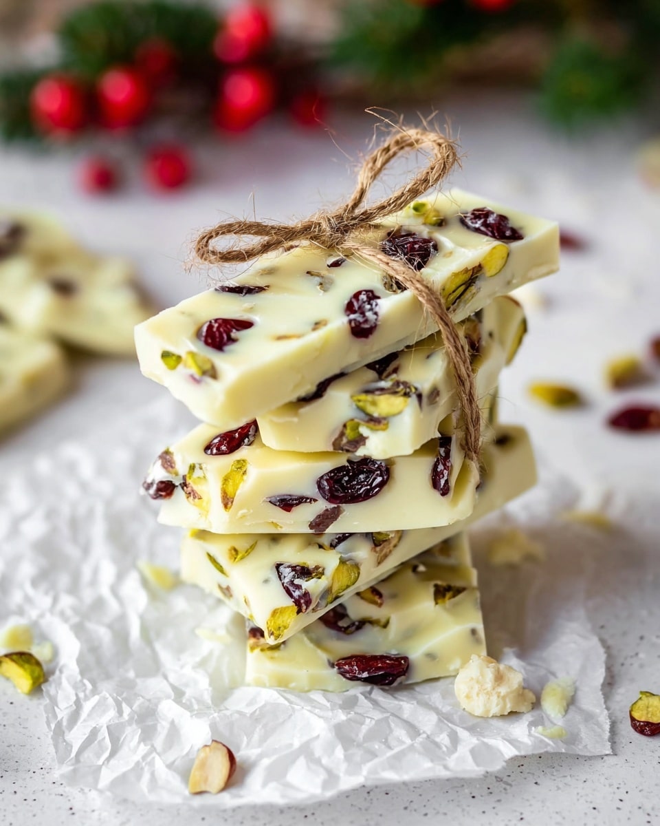 A stack of five rectangular white chocolate bars, each embedded with dark red dried cranberries and green pistachio pieces, tied together neatly with a thin brown string in a bow on top. The white chocolate has a smooth, glossy texture and the fruits and nuts are scattered visibly throughout each bar. The stack sits on crinkled white parchment paper, with small white chocolate crumbs and a few nuts scattered nearby. The background is softly blurred with hints of greenery and red berries, all placed on a white marbled surface. photo taken with an iphone --ar 4:5 --v 7