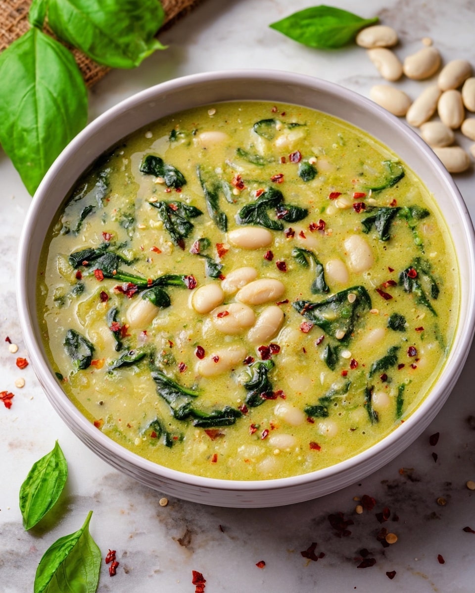 A bowl filled with a creamy soup that has a greenish-yellow color, containing white beans and dark green leafy spinach pieces spread evenly throughout. The soup has a slightly thick texture with visible small diced onions and some scattered red chili flakes on top. The bowl is white, placed on a white marbled surface, and garnished around it with fresh green basil leaves, some whole white beans, and red chili flakes scattered nearby. photo taken with an iphone --ar 4:5 --v 7