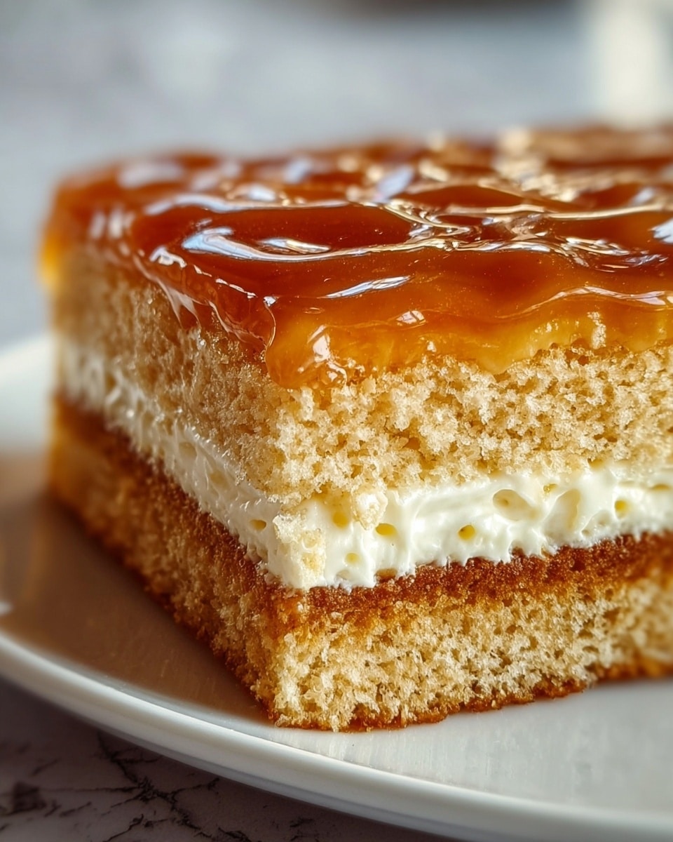 A close-up view of a square layered cake showing three main layers: the bottom and middle layers are light brown soft sponge cake with a crumbly texture, while the middle layer is a smooth, creamy white filling that looks soft and fluffy. The top layer is a shiny, glossy caramel glaze that is rich amber in color with a slightly sticky texture. The cake sits on a white plate, and the background shows a soft focus with a white marbled texture. The photo taken with an iphone --ar 4:5 --v 7