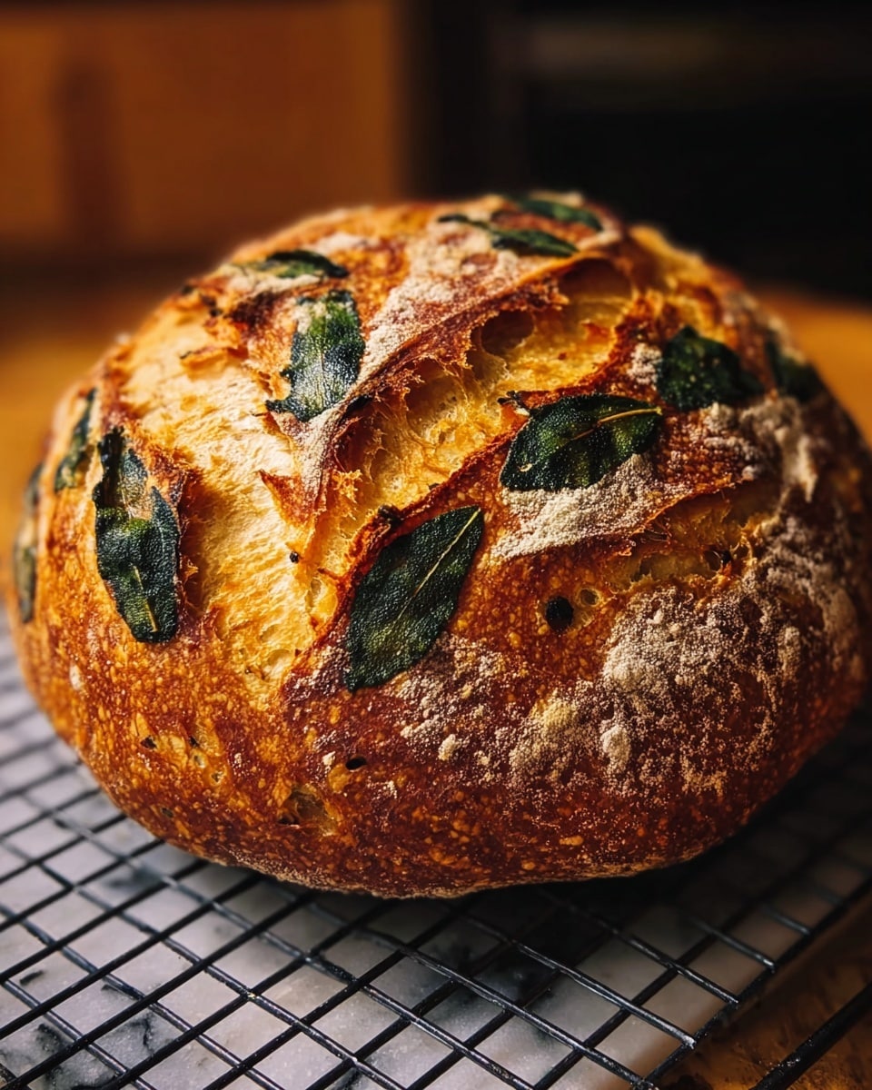 A round loaf of bread with a golden brown, crispy crust sits on a black cooling rack over a white marbled surface. The top of the bread has deep cuts creating uneven layers of crust, showing a lighter, soft inside with a slightly yellow tone. Dark green leaves are pressed into the crust, spread evenly around the top. There is a light dusting of flour around the edges of the crust. The background is blurred with warm tones that highlight the bread's texture and color photo taken with an iphone --ar 4:5 --v 7