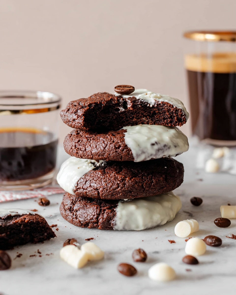 A stack of four dark chocolate cookies is shown on a white marbled surface. The bottom three cookies are dipped halfway in smooth white icing, giving a shiny texture on one side and a crackled dark brown texture on the other. On top of the stack, a broken cookie is placed horizontally, showing its soft, crumbly inside with a rich dark brown color; a coffee bean rests on the upper piece. Around the stack, there are scattered coffee beans and white chocolate chunks on the white marbled surface. To the left, a clear glass cup with dark coffee is partly visible, and behind the cookies, a tall glass with dark liquid and a gold rim is seen out of focus. photo taken with an iphone --ar 4:5 --v 7