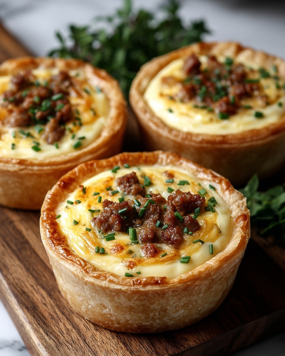 The image shows three small round tarts with thick, flaky golden-brown crusts forming the base and sides. Each tart holds a creamy, pale yellow custard filling that looks soft and smooth, topped with small pieces of browned sausage and finely chopped green chives scattered over the surface. The tarts are placed on a wooden cutting board, and fresh green herbs are visible next to them. The scene is set on a white marbled textured surface. photo taken with an iphone --ar 4:5 --v 7
