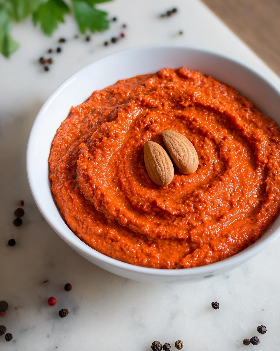 A white bowl filled with a thick, bright orange-red paste that has a slightly coarse texture, swirled into a spiral shape. On top of the paste, there are two whole almonds placed in the center. The bowl is set on a white marbled surface with some black peppercorns scattered around, adding contrast. The focus is on the vivid color and texture of the paste, giving it a rich and fresh look. Photo taken with an iphone --ar 4:5 --v 7