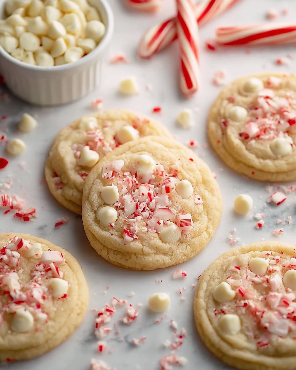 The image shows several round cookies on a white marbled surface, each cookie having a soft beige base with small white chocolate chips spread evenly on top. Crushed red and white peppermint candy pieces are scattered over the cookies, adding a textured, colorful layer. Around the cookies, there are loose white chocolate chips and peppermint crumbs, along with a whole red and white striped candy cane and a small white bowl filled with more white chocolate chips. The cookies are arranged casually, giving a fresh and festive feel. Photo taken with an iphone --ar 4:5 --v 7