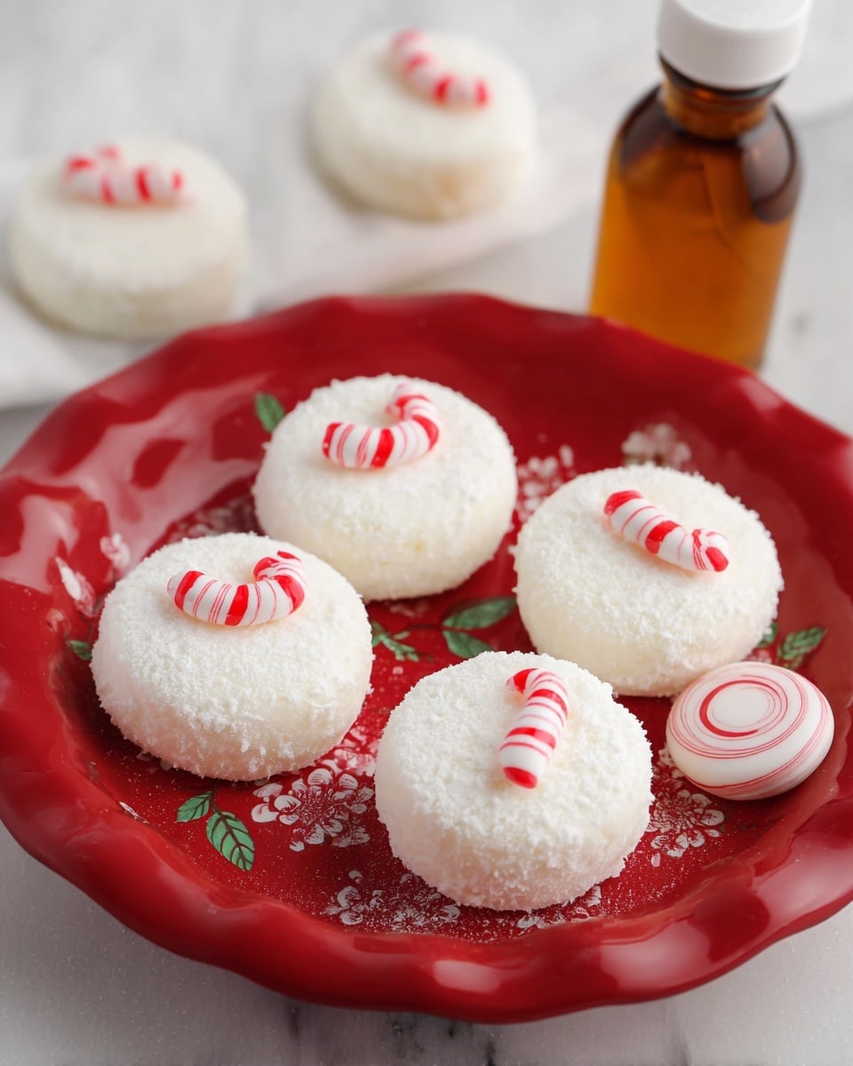 The image shows six round white sweets that look like snowballs, each with a small red and white candy cane decoration on top. Three of the sweets are placed on a red plate with a light floral pattern around the edges, while the other three are in the background on a white marbled surface. There is also a small glass bottle with brown liquid and a white cap near the sweets in the background. A round red and white peppermint candy lies next to the sweets on the plate. The sweets have a soft, powdery texture and are uniform in shape and size. Photo taken with an iphone --ar 4:5 --v 7