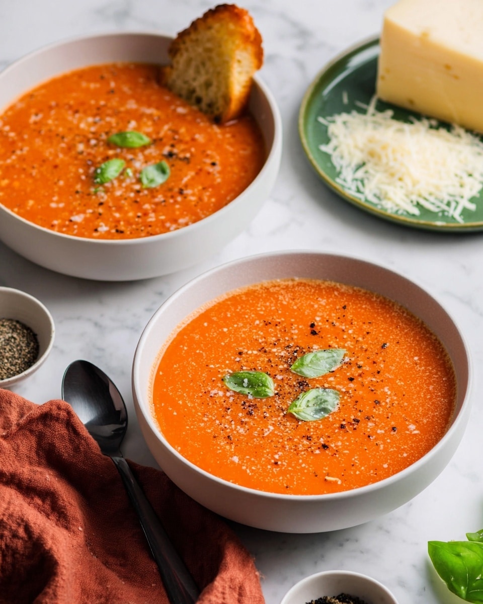 Two white bowls filled with bright orange, smooth tomato soup topped with a few small fresh green basil leaves and a sprinkle of black pepper. One bowl in the front is plain, while the bowl in the back has a piece of toasted bread resting on the edge. Around the bowls, there is a white marbled surface with a green plate holding shredded white cheese, two thick slices of pale yellow hard cheese stacked, and a small bowl of ground black pepper. A soft, rust-colored cloth is partially visible near the front bowl. Photo taken with an iphone --ar 4:5 --v 7